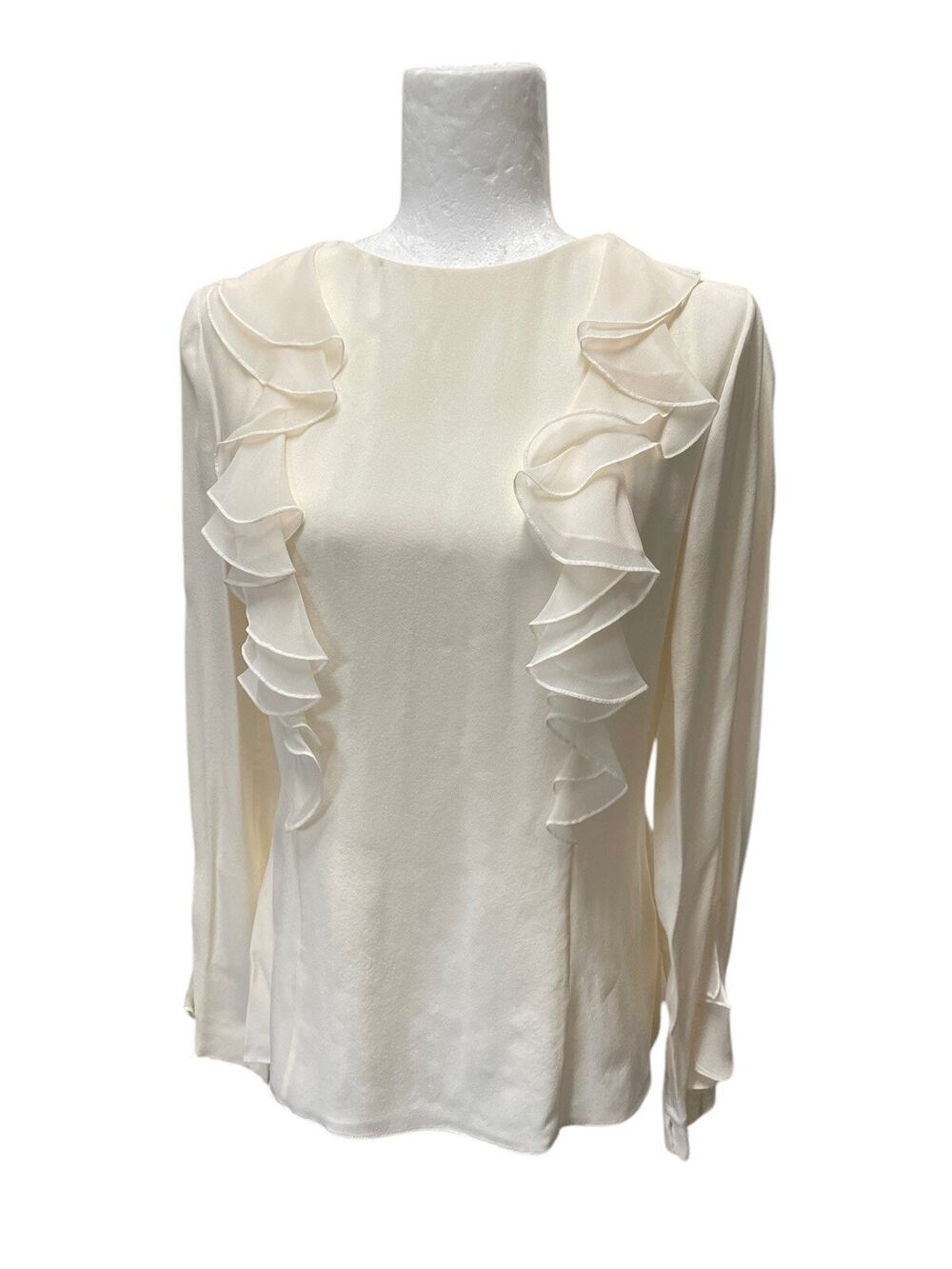 NWT Oscar De La Renta Cream Long Sleeve Blouse Silk Ruffle Detail Size 10